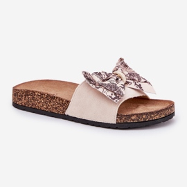 Slippers pour femmes avec un arc sur une plate-forme en liège beige 4