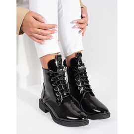 Bottines à lacets noires pour femmes en cuir écologique verni le noir 1