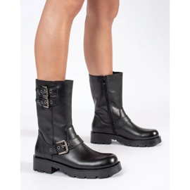 Bottines pour femmes en cuir noir sur la plateforme décorées de rayures Sergio Leone le noir 2 Bottines pour femmes en cuir noir sur la plateforme décorées de rayures Sergio Leone le noir 2