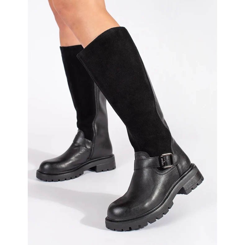 Bottes pour femmes en cuir noir sur la plateforme par Sergio Leone le noir 1