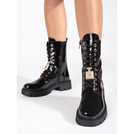 Seastar Bottines de travail à lacets noires vernies sur la plateforme avec épingles 1