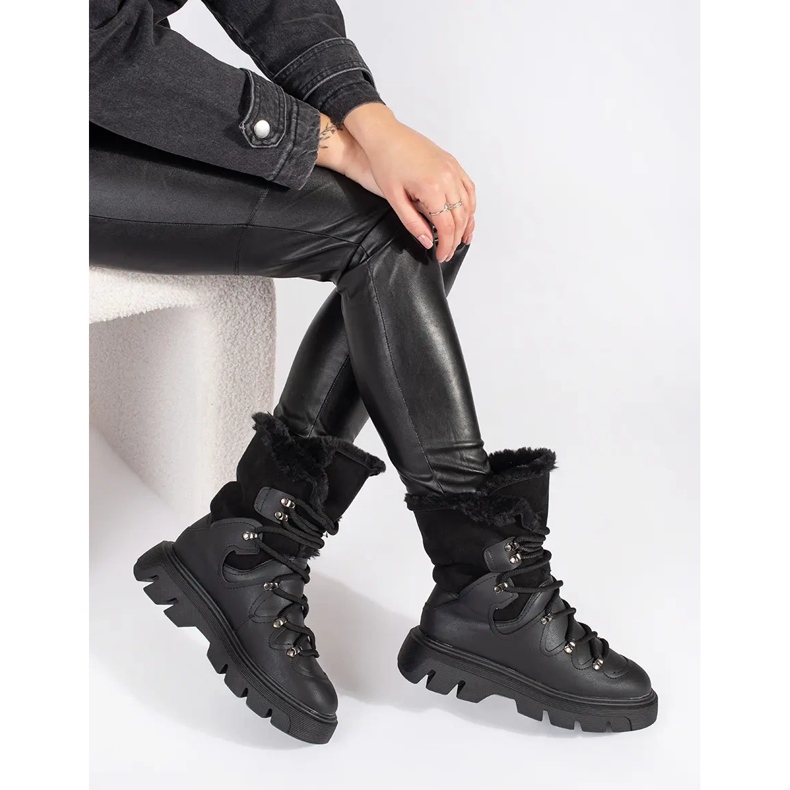 Seastar Bottines de neige noires à lacets pour femmes avec fourrure sur la plateforme 1