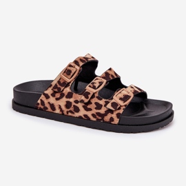 Les tongs pour femmes avec des rayures et une boucle avec un imprimé léopard marron brun 4