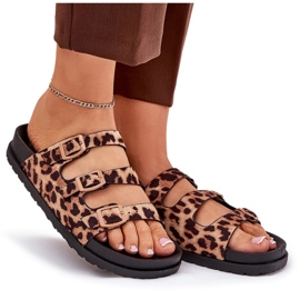 Les tongs pour femmes avec des rayures et une boucle avec un imprimé léopard marron brun 8