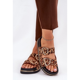 Slippers pour femmes avec imprimé léopard sur la plate-forme avec des pinces dorées brunes 3