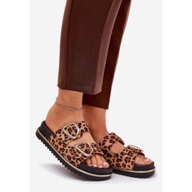 Slippers pour femmes avec imprimé léopard sur la plate-forme avec des pinces dorées brunes 1