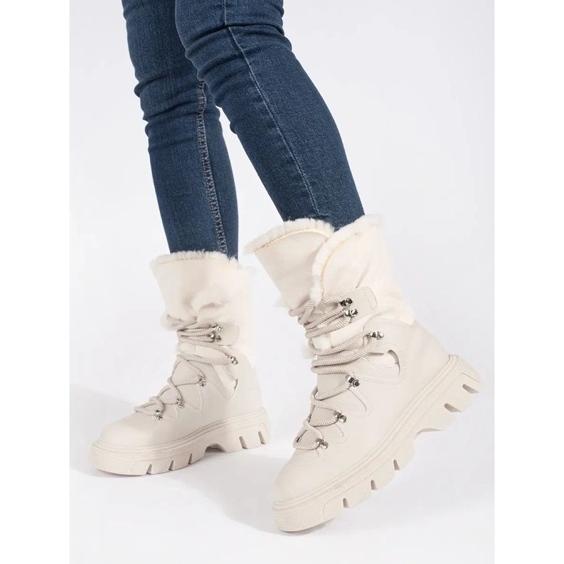 Seastar Bottines de neige femme à lacets beiges avec fourrure sur la plateforme 1