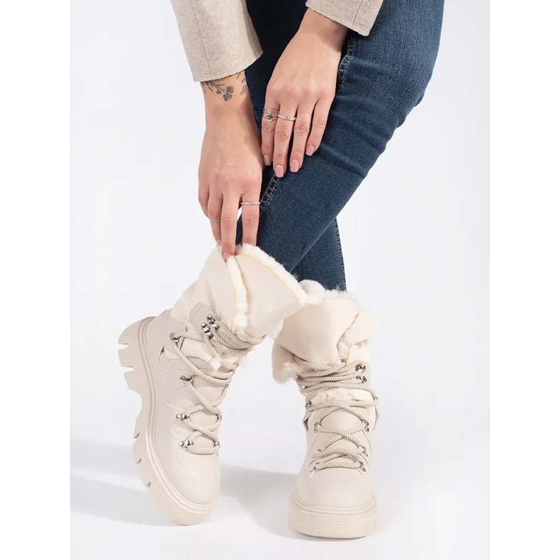 Seastar Bottines de neige femme à lacets beiges avec fourrure sur la plateforme 2
