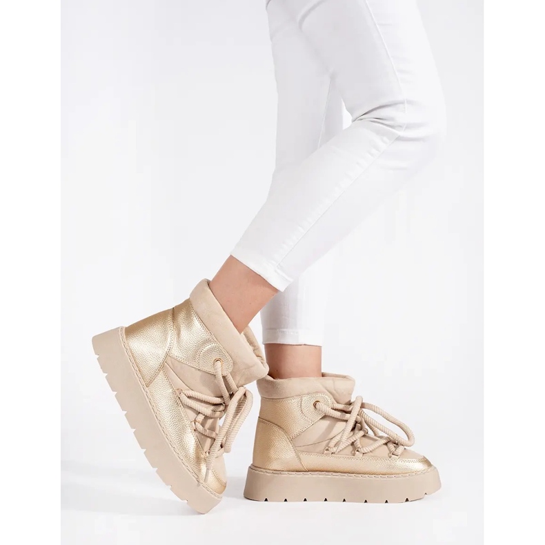 Boots de neige femme beige clair à lacets et semelle épaisse 2 Boots de neige femme beige clair à lacets et semelle épaisse 2