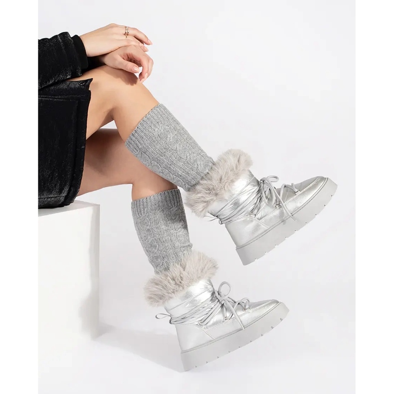 Bottines de neige femme argentées avec fourrure sur semelle épaisse 1
