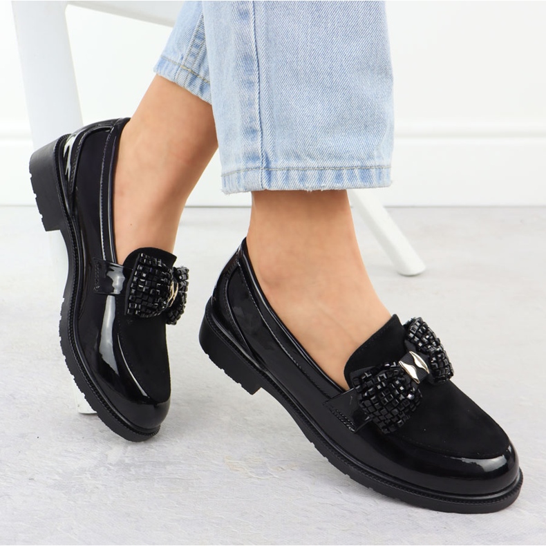 Les chaussures pour femmes de mocassins verni avec un arc noir s.barski hy51-319 1