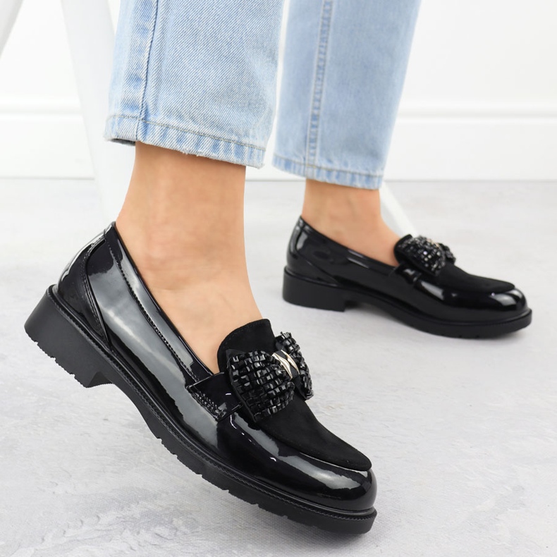 Les chaussures pour femmes de mocassins verni avec un arc noir s.barski hy51-319 2