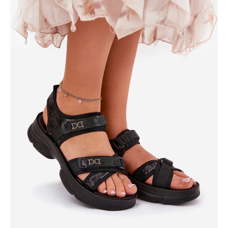 Sandales des femmes avec des paillettes velcro noires le noir 2 Sandales des femmes avec des paillettes velcro noires le noir 2