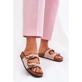 Les tongs matériels des femmes sur une plate-forme en liège avec des boucles de chameau brun 2