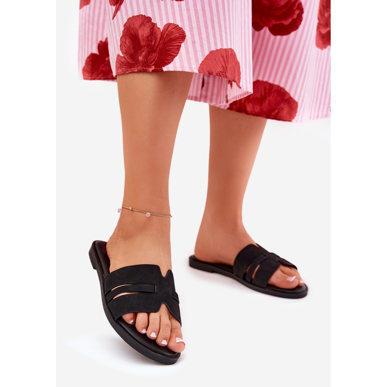 Les tongs pour femmes à thèmes plates avec des coupes écologiques en daim noir le noir 1