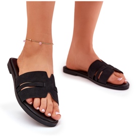 Les tongs pour femmes à thèmes plates avec des coupes écologiques en daim noir le noir 8
