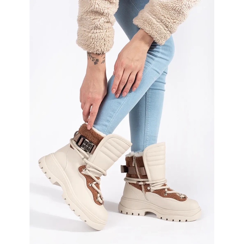Seastar Bottes de neige femme beiges avec fourrure sur semelle épaisse 1