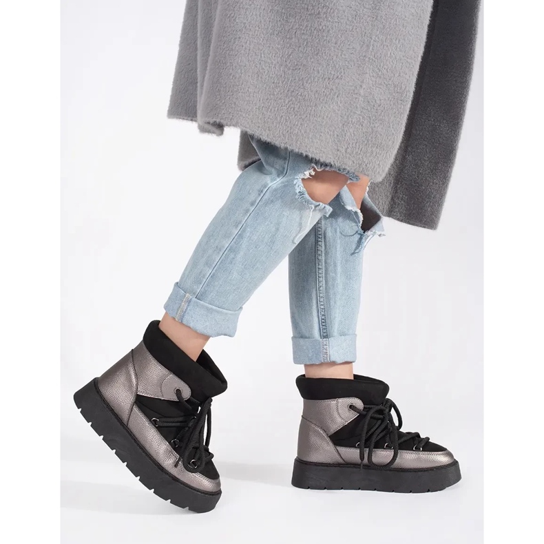 Boots de neige femme à lacets, noires et argentées, semelle épaisse 2