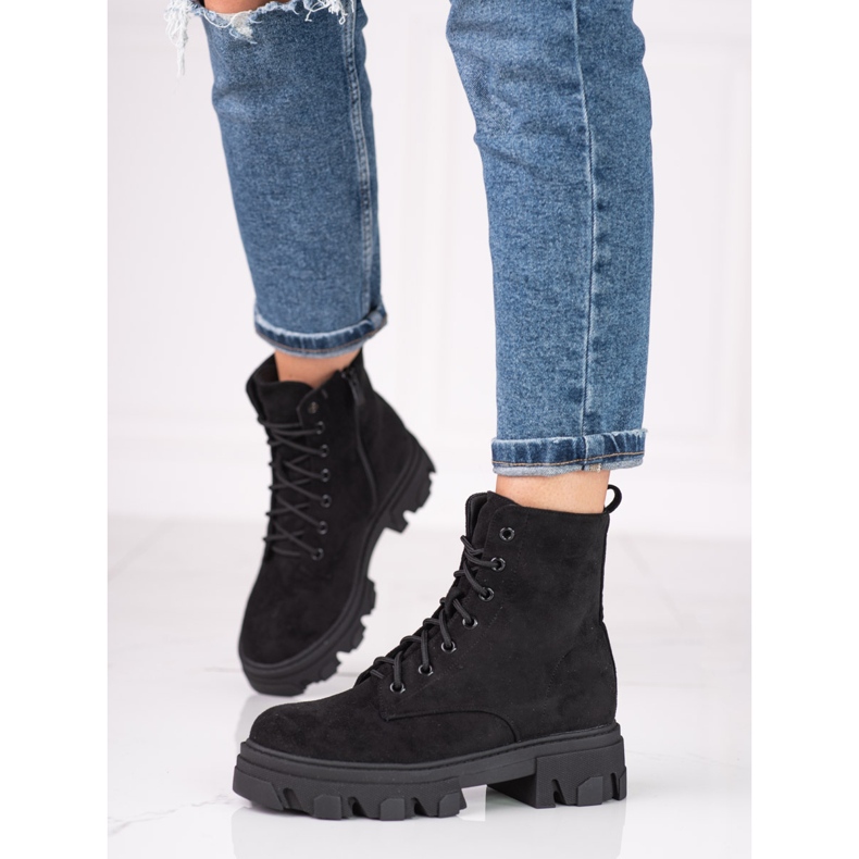 Bottines à lacets pour femmes en daim écologique noir 2