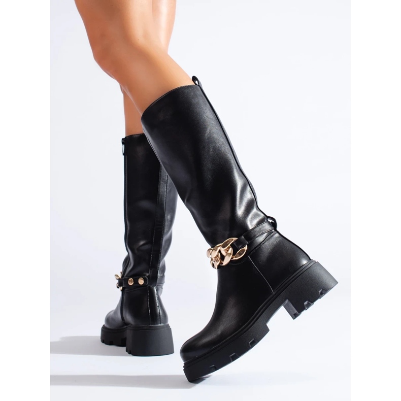 Bottines pour femmes avec chaîne en cuir écologique le noir 2