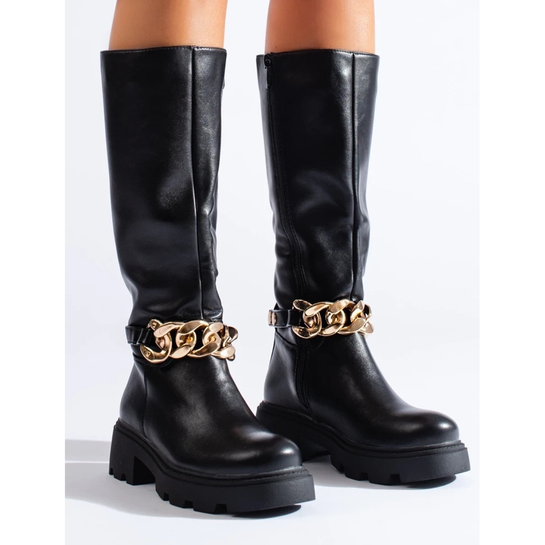 Bottines pour femmes avec chaîne en cuir écologique noir 1