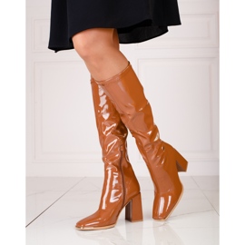 Bottes à talons hauts pour femmes en éco-cuir verni, marron brun 2 Bottes à talons hauts pour femmes en éco-cuir verni, marron brun 2