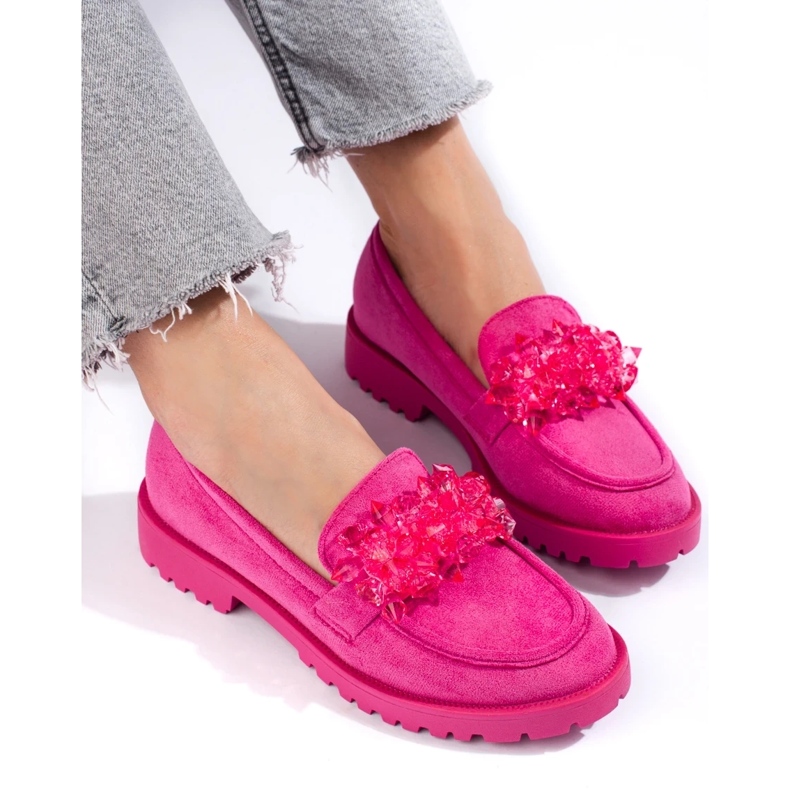 Mocassins femme en daim avec cristaux roses 2