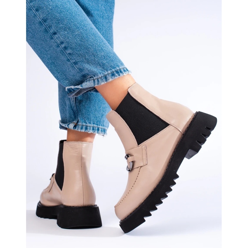 Bottines à plateforme en cuir pour femme beige 1