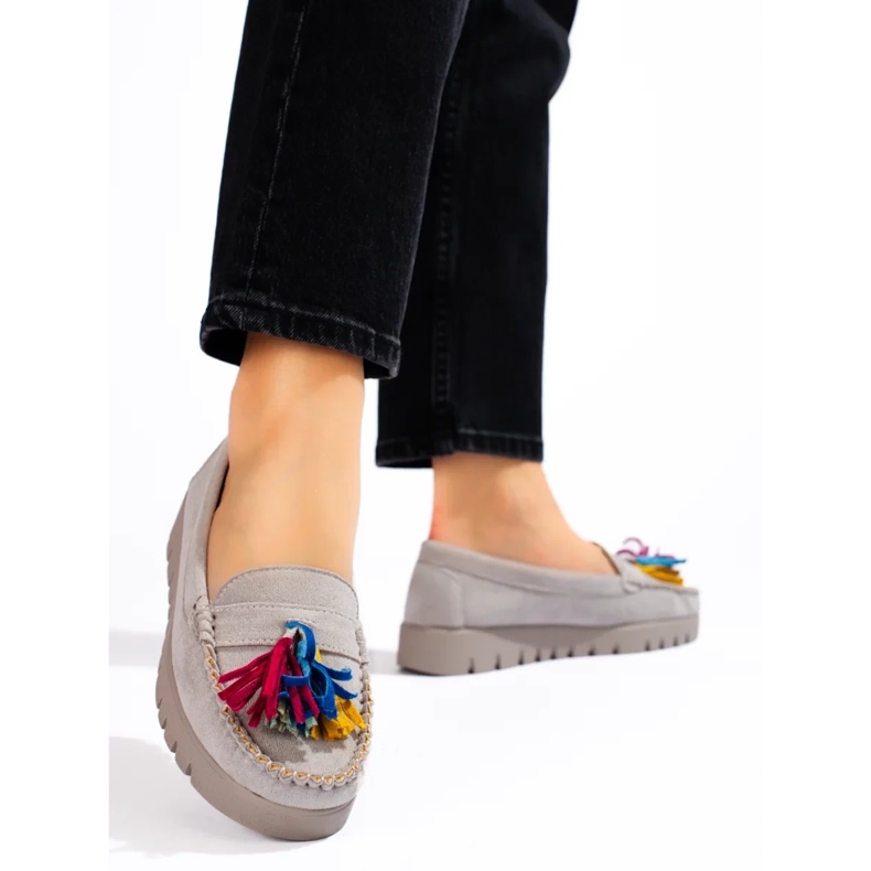 W. Potocki Mocassins bohèmes en daim gris à pompons Potocki 2