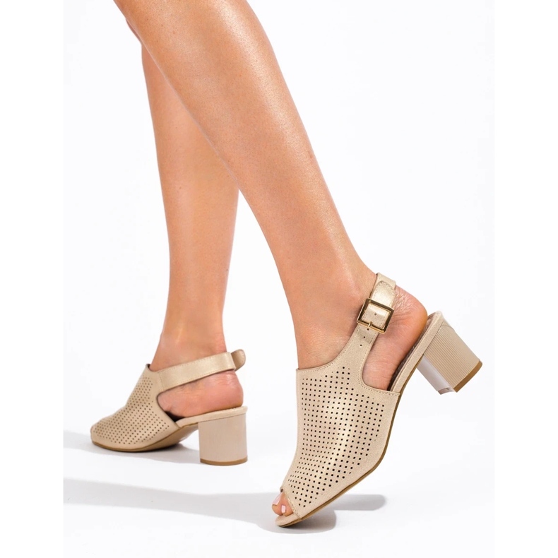 Sandales à talons en daim ajouré pour femmes Shelovet or d'or 2