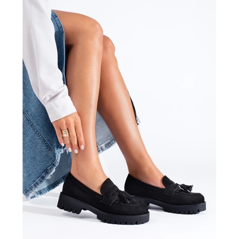 Mocassins Shelovet en daim noir à franges 2
