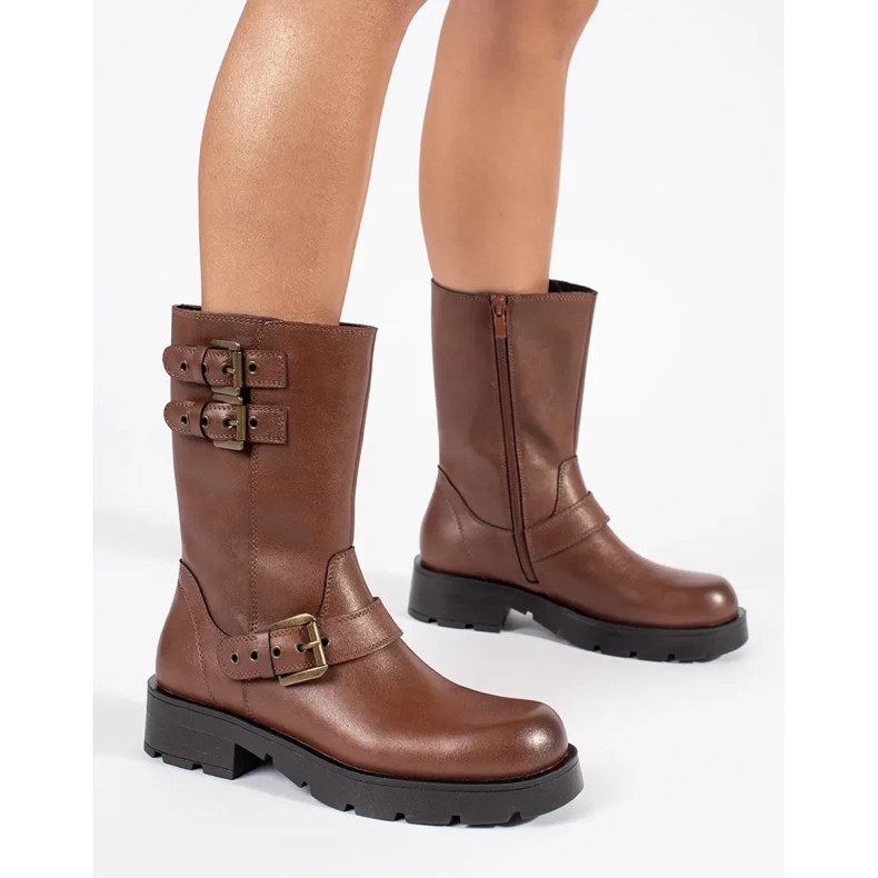 Bottines pour femmes en cuir marron sur la plateforme décorées de rayures Sergio Leone brun 1