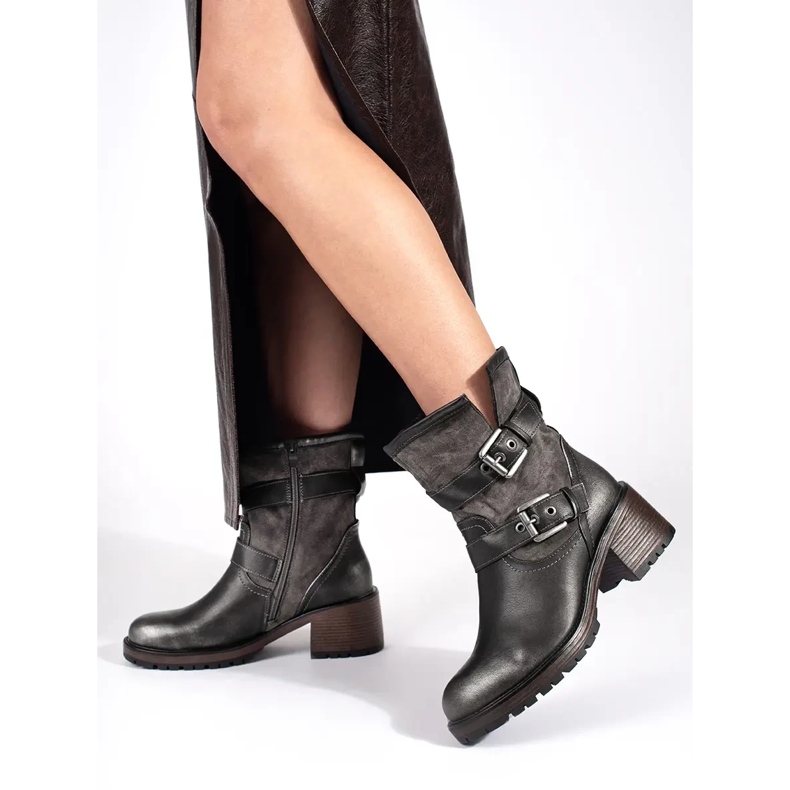 Bottines femme à talons hauts métallisées marron foncé avec boucles brun 1