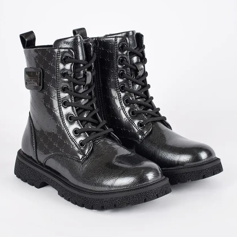 Bottines à lacets en cuir verni noir pour fille 2