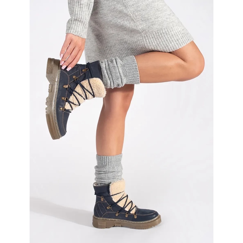 Goodin Bottines à lacets isolées bleu marine avec fourrure en peau de mouton 1