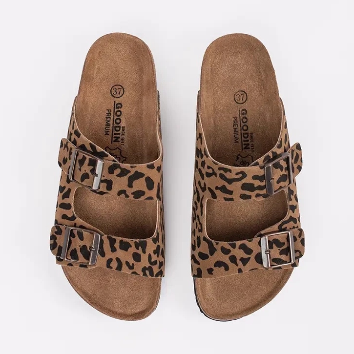 Goodin Slippers en cuir pour femmes avec imprimé léopard brun 2