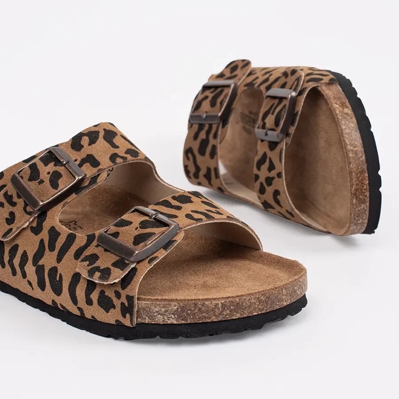 Goodin Slippers en cuir pour femmes avec imprimé léopard brun 1