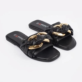 Les tongs plats des femmes noires avec une décoration dorée le noir 1