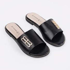 Goodin Slippers des femmes noires sur une semelle plate avec un ornement le noir 1