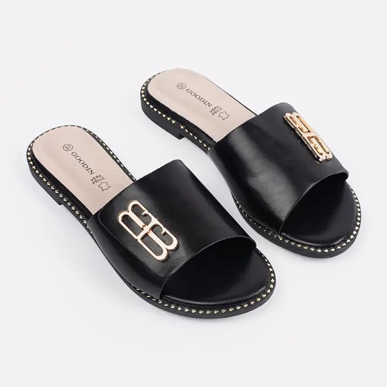 Goodin Slippers des femmes noires sur une semelle plate avec un ornement 1