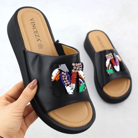 Les tongs en cuir féminin avec des perles de Vinceza 66623 noires le noir 1