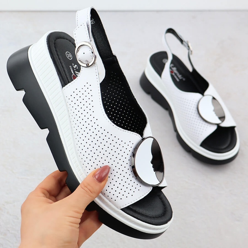 S.Barski Sandales en cuir pour femmes pour Openwork Białe S. Barski LR51-788 blanc 1