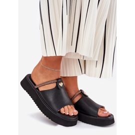 S.Barski Slippers en cuir pour femmes sur la plate-forme avec une ceinture décorative D&amp;A MK51-475 Black le noir 1
