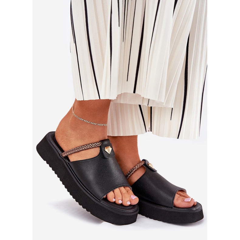 S.Barski Slippers en cuir pour femmes sur la plate-forme avec une ceinture décorative D&amp;A MK51-475 Black noir 1