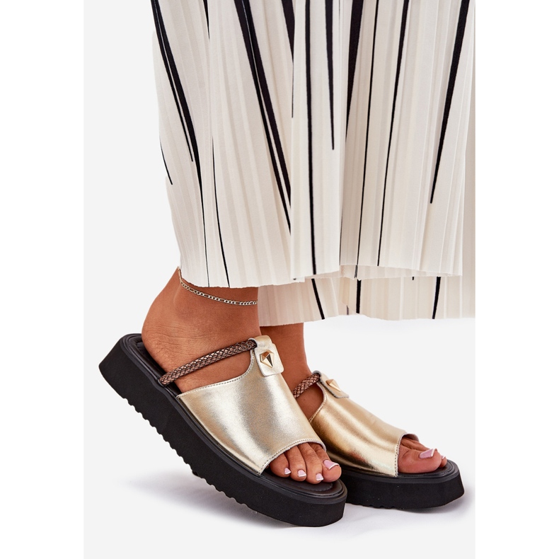S.Barski Slippers en cuir pour femmes sur la plate-forme avec une ceinture décorative D&amp;A MK51-475 Gold doré 1