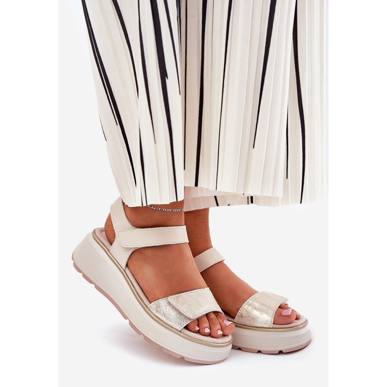 S.Barski Plateforme pour femmes en cuir et velcro wedge S. Barski LR51-543 Gold doré 1