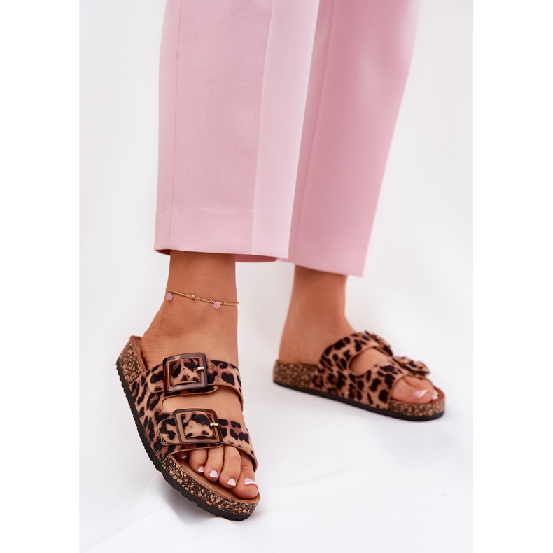 Les tongs pour femmes avec des pinces sur la semelle en liège imprimé léopard brun 2