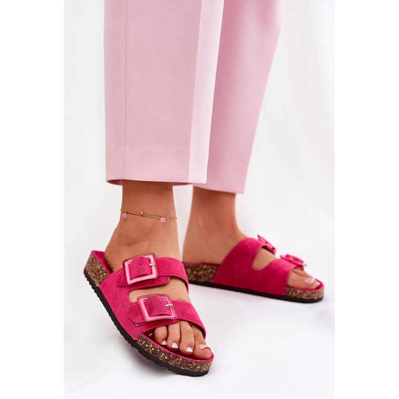 Les tongs des femmes avec des boucles sur la semelle en liège fuchsia rose 2