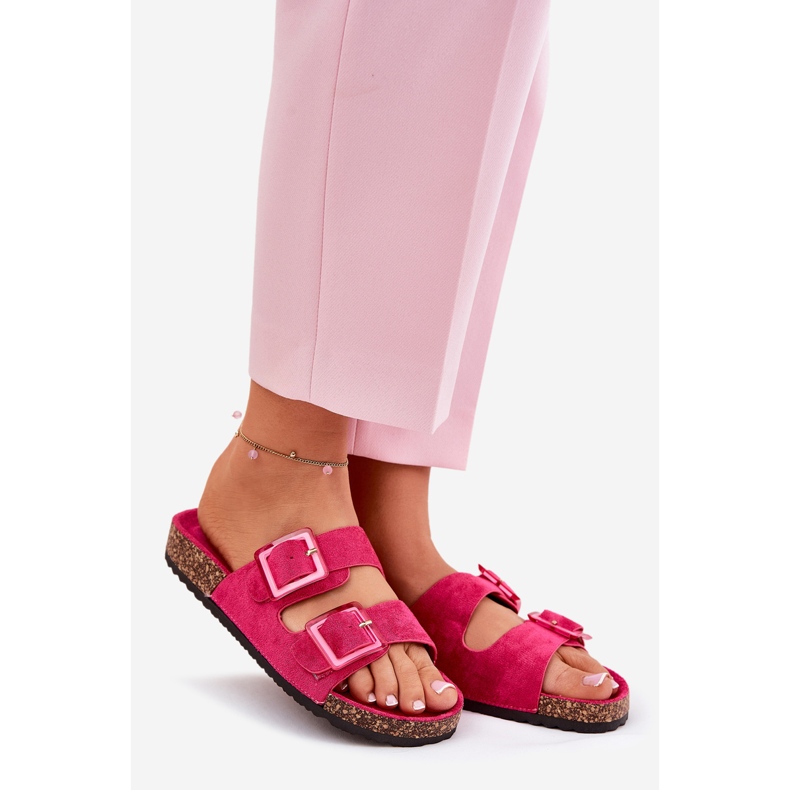 Les tongs des femmes avec des boucles sur la semelle en liège fuchsia rose 1