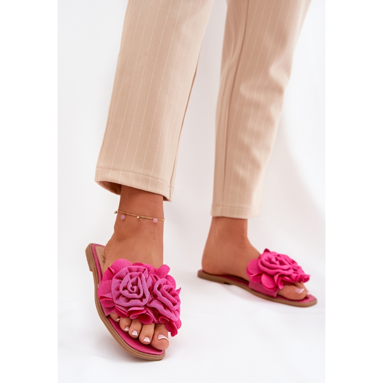 Les tongs pour femmes à thèmes plates avec des fleurs fuchsia décoratives rose 1